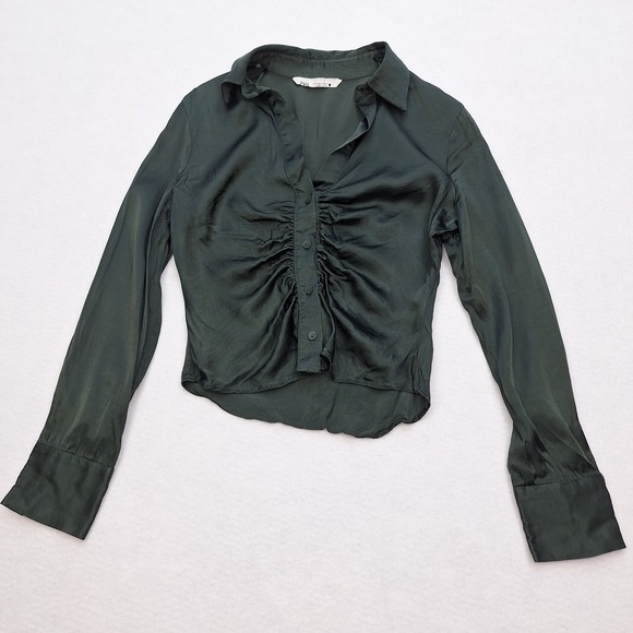Zara Tops - Zara Shirt Womens Small Green Satin Ruched Front Button Up Feminine Whimsygoth